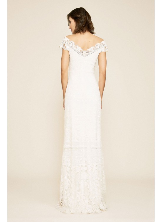 Joelle Mixed Lace Cap Sleeve Sheath Wedding Dress Tadashi Shoji