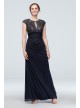 Lace Bodice Keyhole Gown with Mesh Ruched Cascade Betsy and Adam A22197