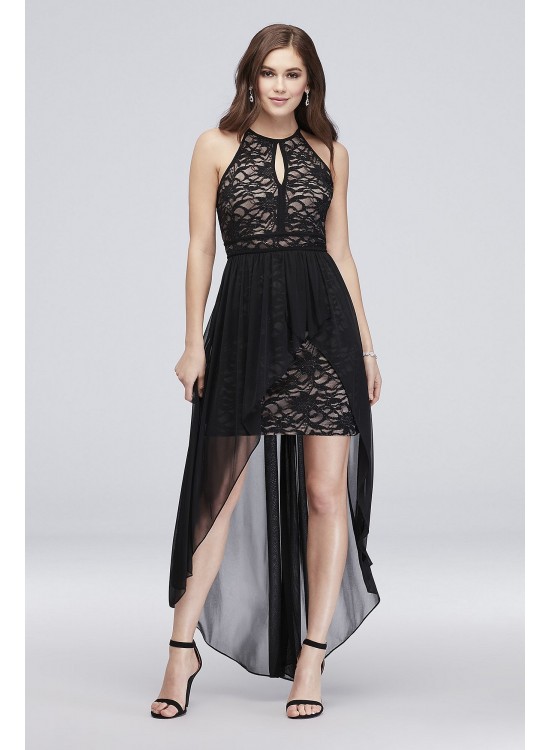 Lace Glitter Keyhole Halter Dress with Overskirt Morgan and Co 12163