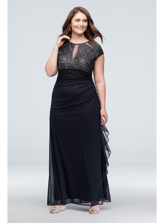 Lace Keyhole Plus Size Gown with Ruched Cascade Betsy and Adam A22197W