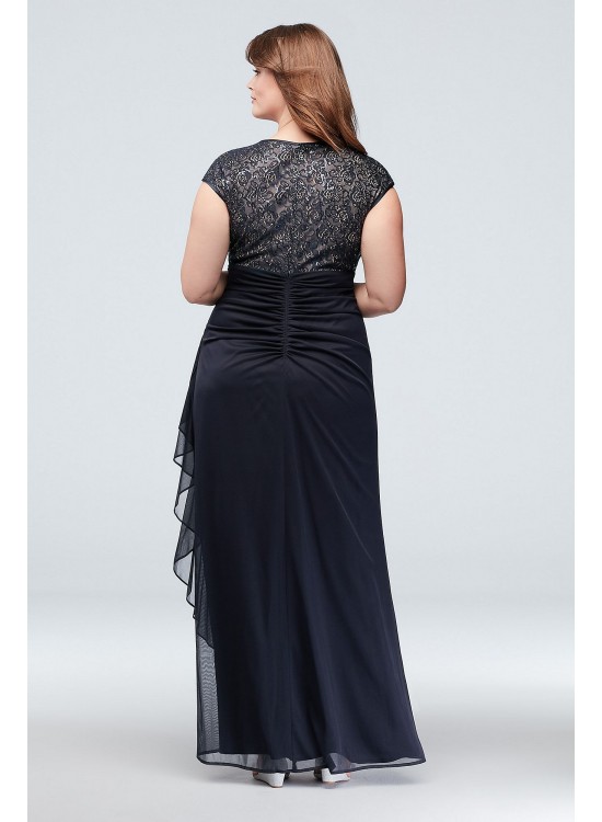 Lace Keyhole Plus Size Gown with Ruched Cascade Betsy and Adam A22197W