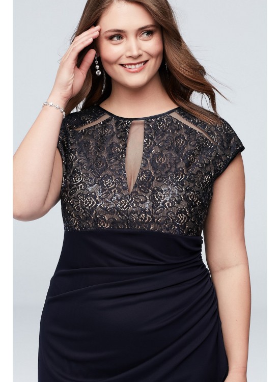 Lace Keyhole Plus Size Gown with Ruched Cascade Betsy and Adam A22197W