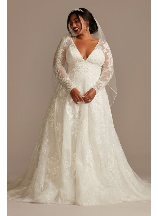 Lace Long Sleeve Open Back Plus Size Wedding Dress  8CWG893