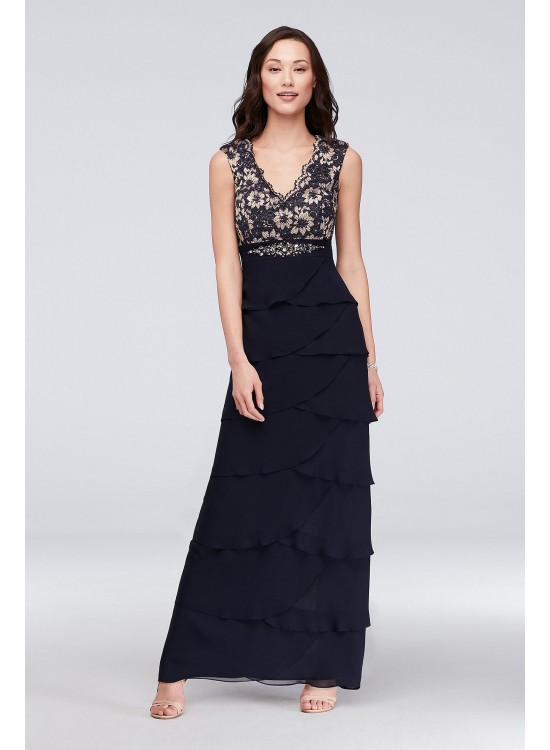 Lace and Tiered Chiffon Sheath Gown with Scarf Jessica Howard JHDM6193