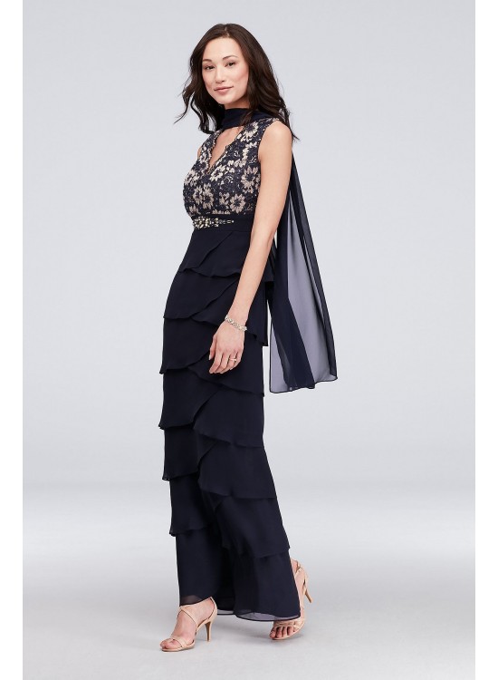 Lace and Tiered Chiffon Sheath Gown with Scarf Jessica Howard JHDM6193