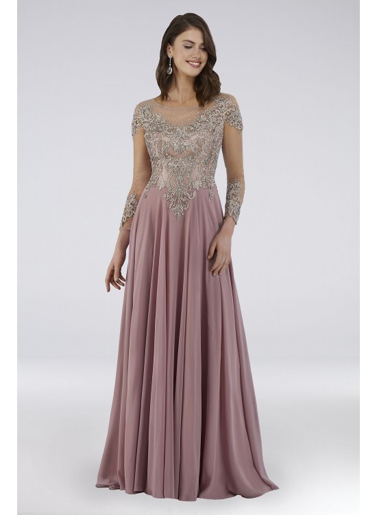 Lara Beaded A-Line Gown with Long Illusion Sleeves Lara 29749