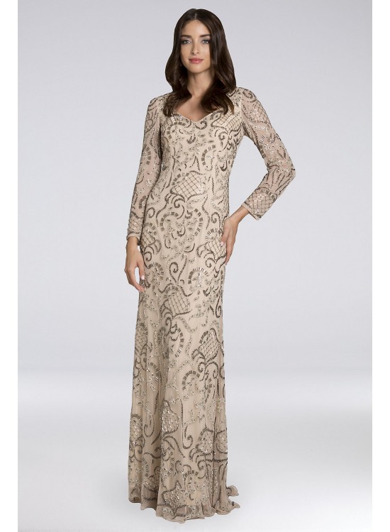 Lara Brenna Beaded Long-Sleeve Mesh Gown Lara 29839