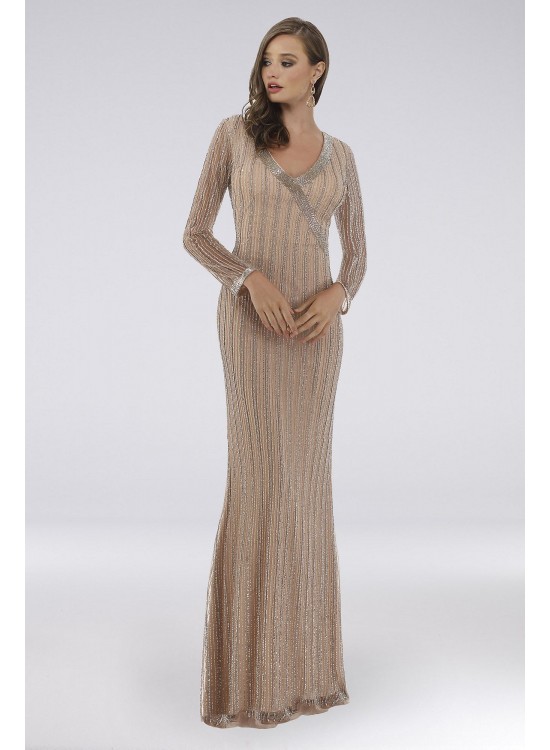 Lara Celine Beaded Long Sleeve Faux-Wrap Gown Lara 29747