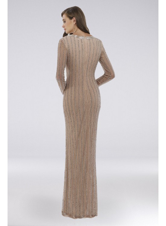 Lara Celine Beaded Long Sleeve Faux-Wrap Gown Lara 29747