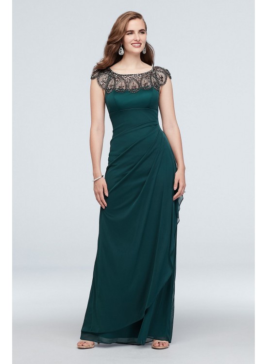 Long Cap Sleeve Party Dress With Beaded Neckline Xscape XS7761