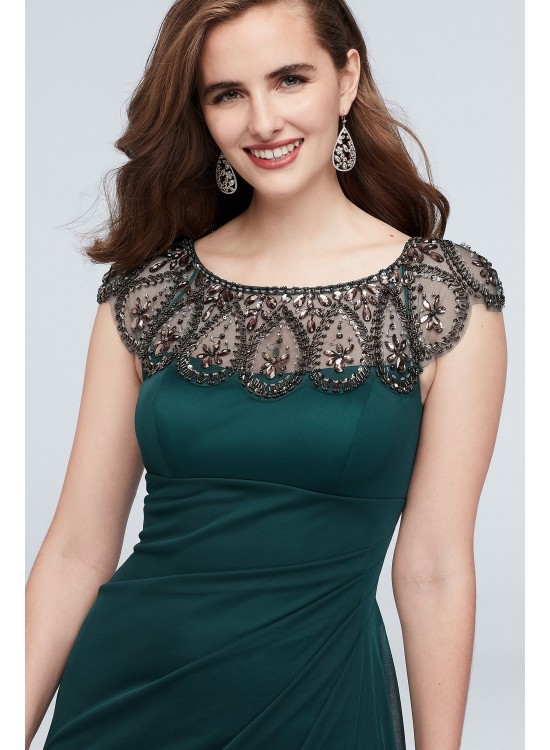 Long Cap Sleeve Party Dress With Beaded Neckline Xscape XS7761