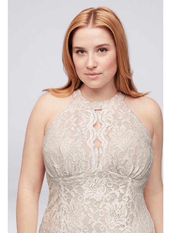 Long Glitter Lace Halter Plus Size Dress Morgan and Co 21416W