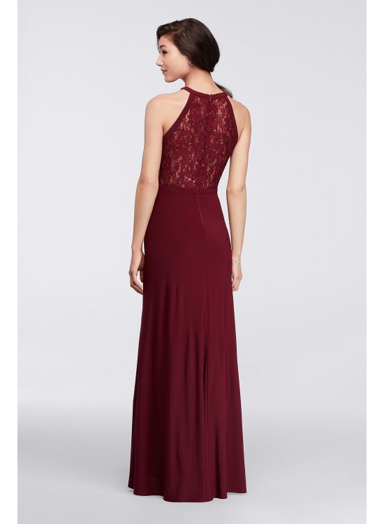 Long Halter Lace Dress with Illusion Cutout Morgan and Co 21434