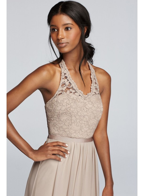 Long Mesh Dress with Lace Halter Bodice  F19025