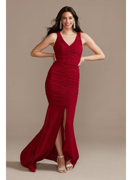 Long Ruched V-Neck Tank Dress with Front Slit Jump 12139DB