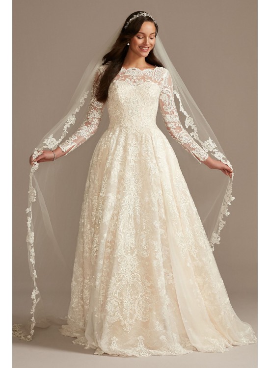 Long Sleeve Beaded Lace Folded Skirt Wedding Dress  SLCWG780