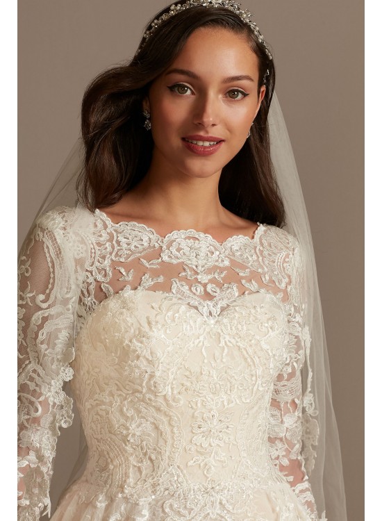 Long Sleeve Beaded Lace Folded Skirt Wedding Dress  SLCWG780