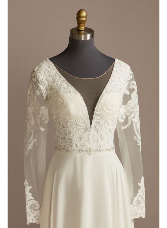 Long Sleeve Lace Applique Plunging Wedding Dress  SLLBSWG842