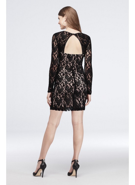 Long Sleeve Lace Sheath Dress with Open Back Haute Nites 113569