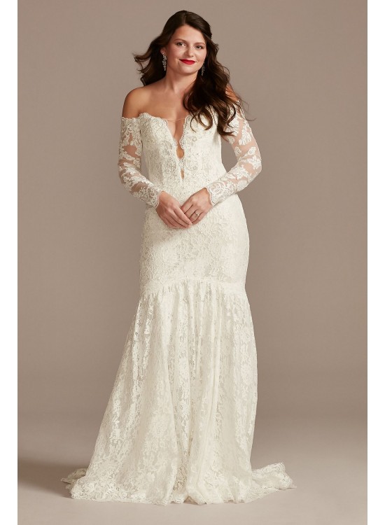 Long Sleeve Plunging Illusion Lace Wedding Dress  SLSWG855