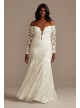 Long Sleeve Plunging Plus Size Lace Wedding Dress  9SLSWG855