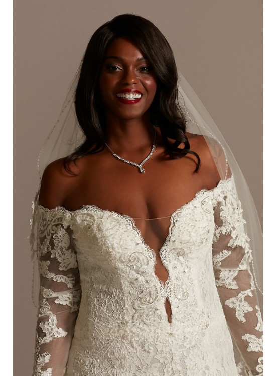 Long Sleeve Plunging Plus Size Lace Wedding Dress  9SLSWG855