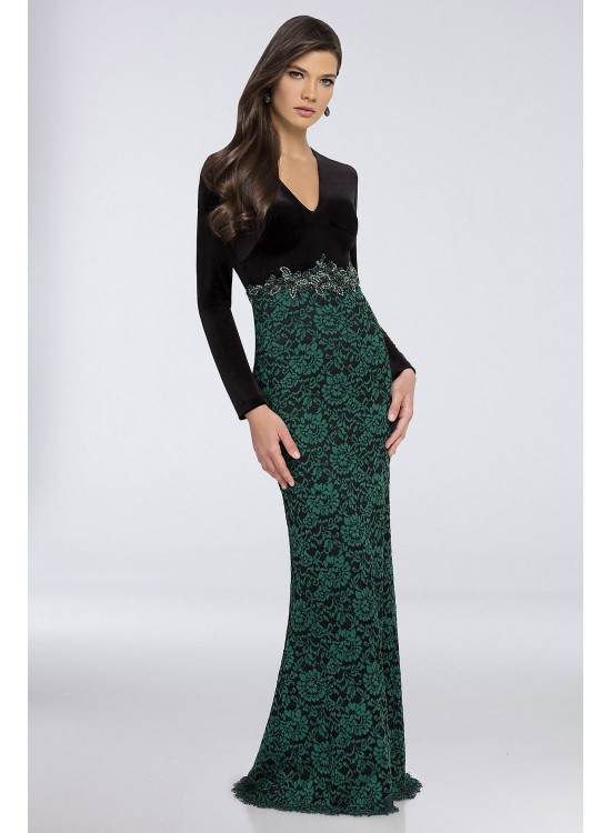 Long Sleeve Velvet Sheath Dress with Floral Skirt Terani Couture 1722E4190W