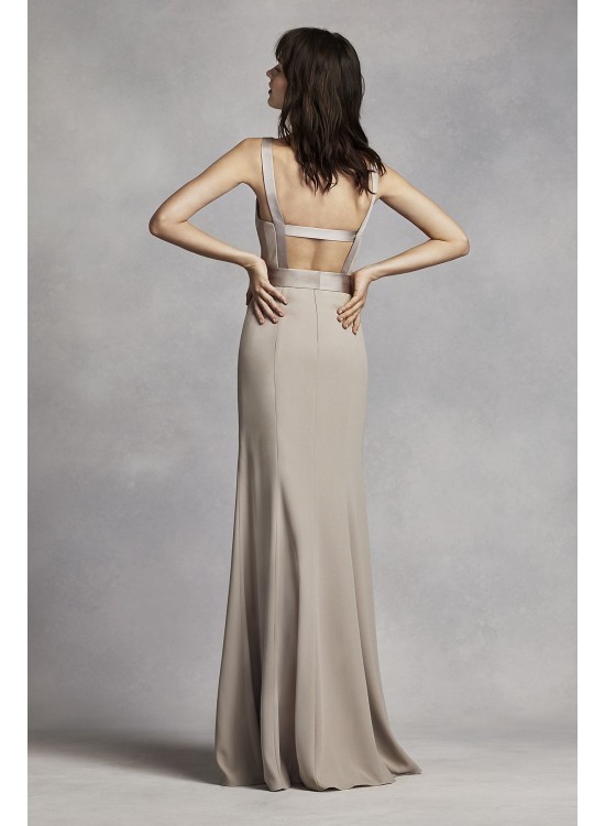 Long V Neck Crepe Gown with Open Back  VW360195