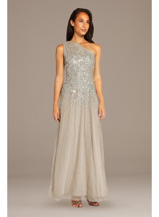 Mesh One-Shoulder Gown with Scattered Sequins Adrianna Papell AP1E208309