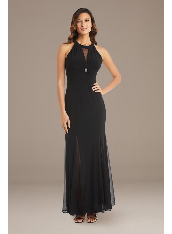 Mesh Overlay Halter Gown with Open Back  22023