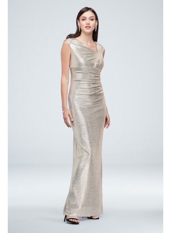 Metallic Asymmetrical Stretch-Knit Gown with Slit Marina 263526D