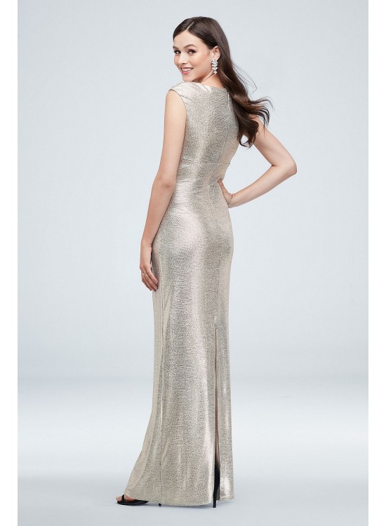 Metallic Asymmetrical Stretch-Knit Gown with Slit Marina 263526D