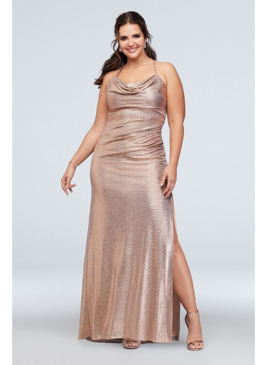 Metallic Cowl Neck Plus Size Dress with Ruching Morgan and Co 21793W