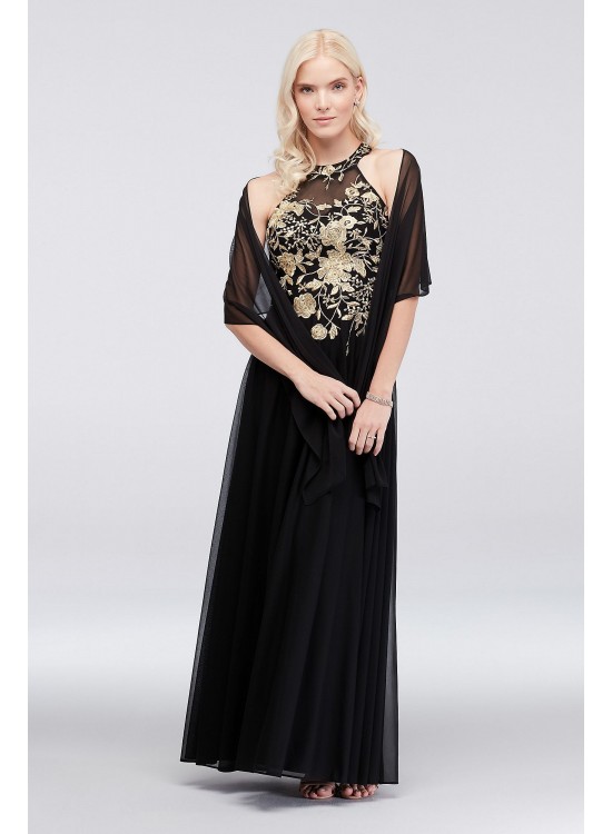 Metallic Embroidered Jersey Chiffon Halter Dress Cachet 59562D