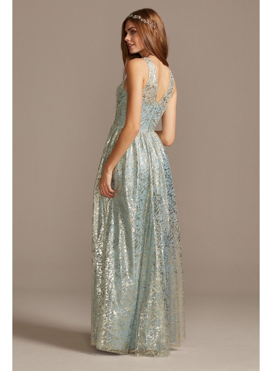 Metallic Foil Pleated V-Neck Gown with Belt Teeze Me M498441