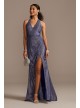 Metallic Glitter Halter Gown with Ruched Slit Blondie Nites 2142BN