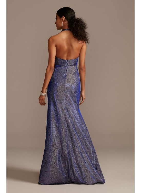 Metallic Glitter Halter Gown with Ruched Slit Blondie Nites 2142BN