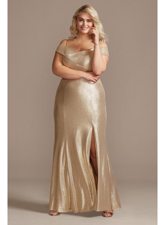 Metallic Off-the-Shoulder Seamed Plus Size Gown Morgan and Co 21761W