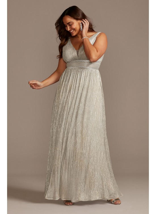 Metallic Plunge Plus Size Gown with Crystal Bands Morgan and Co 12806W