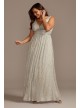 Metallic Plunge Plus Size Gown with Crystal Bands Morgan and Co 12806W