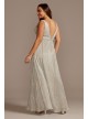 Metallic Plunge Plus Size Gown with Crystal Bands Morgan and Co 12806W