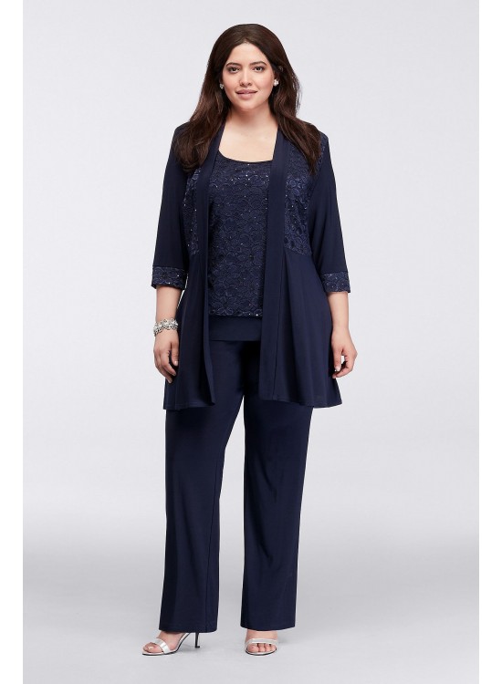 Mock Two Piece Lace and Jersey Pant Suit  7772W