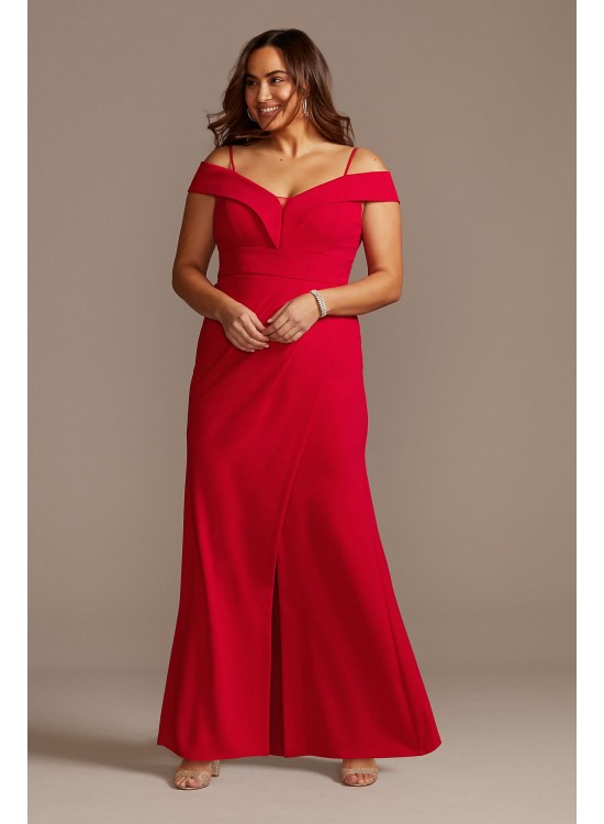 Off Shoulder Fold Seamed Plus Size Gown with Slit Morgan and Co 21927W