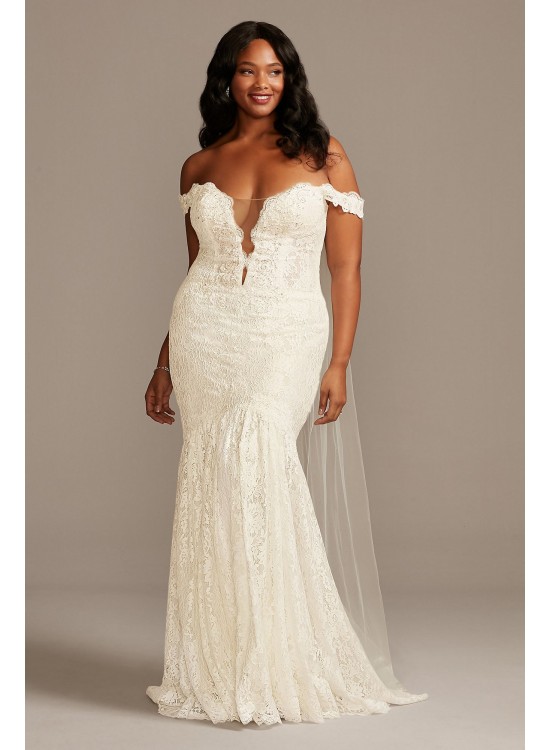 Off Shoulder Plunging Plus Size Lace Wedding Dress  9SWG855