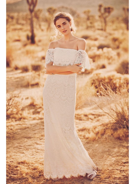 Off-The-Shoulder Eyelash Lace Sheath Wedding Dress Galina WG3892