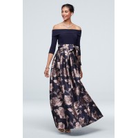 Off The Shoulder Gown with Jacquard Floral Skirt