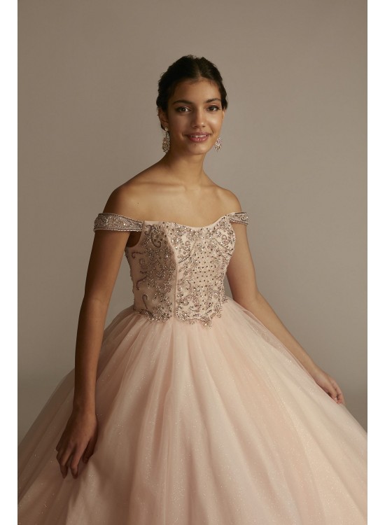 Off-the-Shoulder Beaded Quince Ball Gown Fifteen Roses FR2201