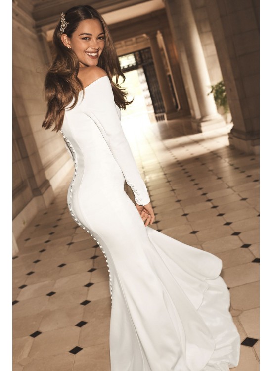 Off-the-Shoulder Buttoned Back Crepe Wedding Dress  Collection WG3990