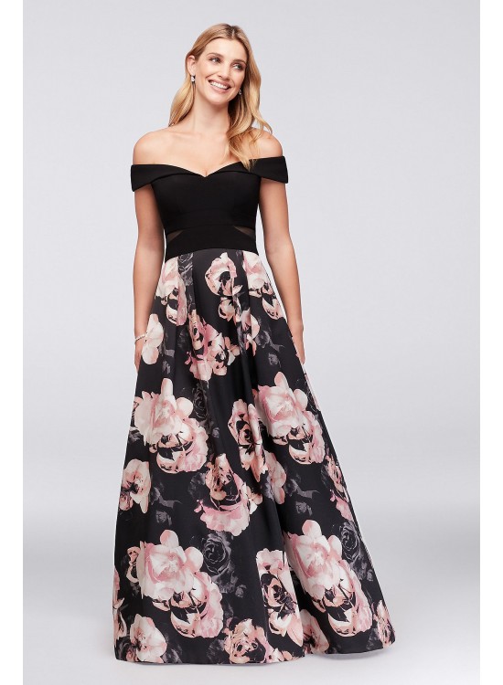 Off-the-Shoulder Floral Jersey and Satin Ball Gown Xscape 1173X