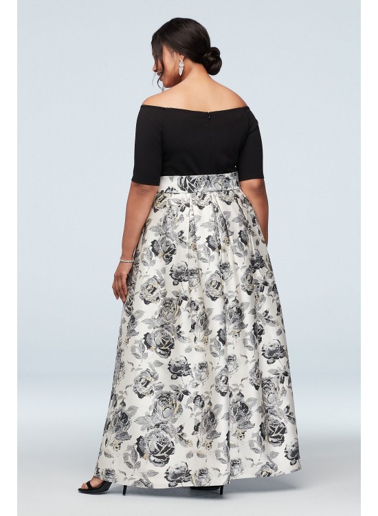 Off-the-Shoulder Gown with Mikado Floral Skirt Jessica Howard JHDW9119